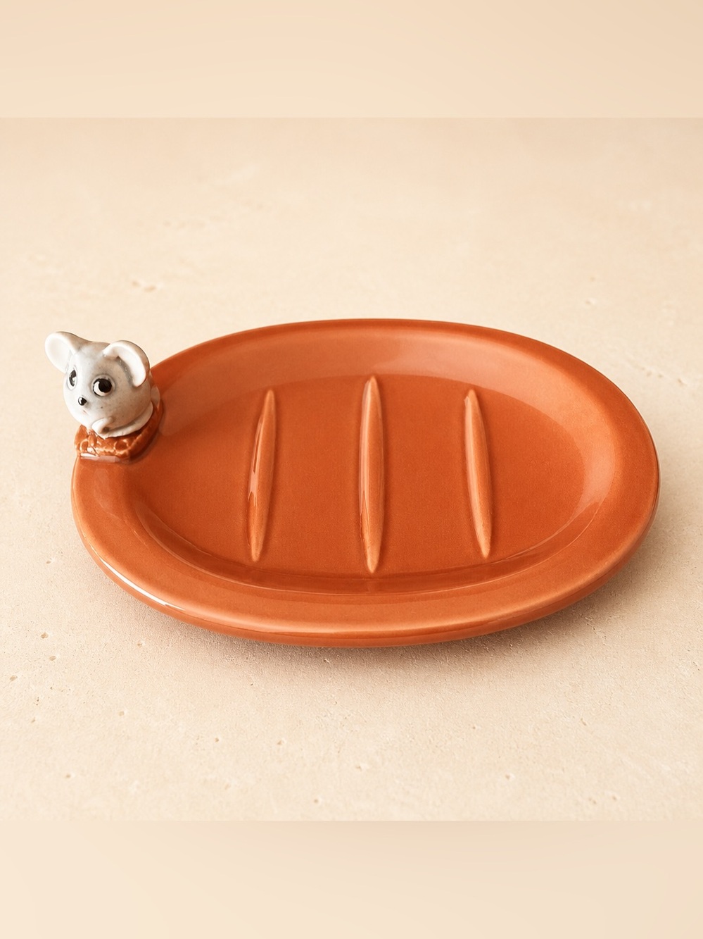Whimsical Ceramic Orange Soap Dish with Mouse Accent